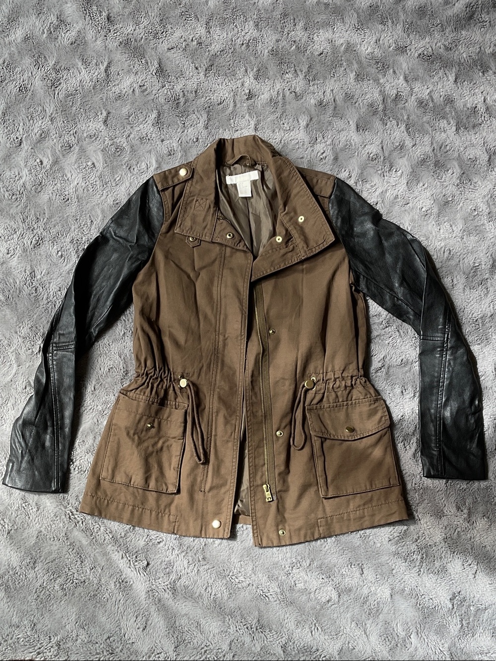 H&M Mixed-Media Utility Jacket in olive green, gold and Black